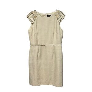 Tahari Jimlee Ivory & Tan Sheath Dress Beaded Embellished Capped Sleeve Midi 12P